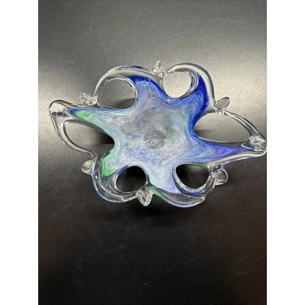 Art Glass Lace Edge Bowl Dish Sunburst Starfish Rainbow Swirl 8.5” Murano Style